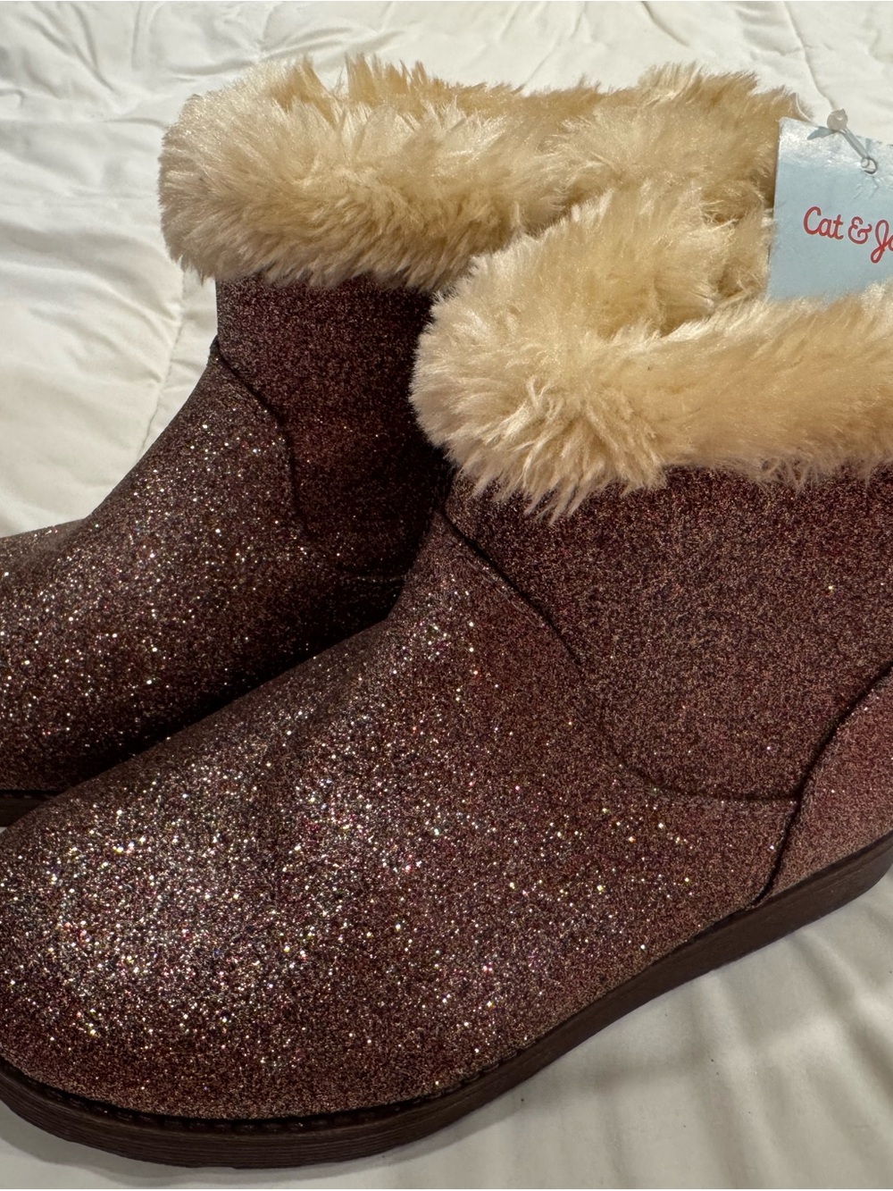 Cat & Jack Rose Gold Glitter Faux-Fur Ankle Boots